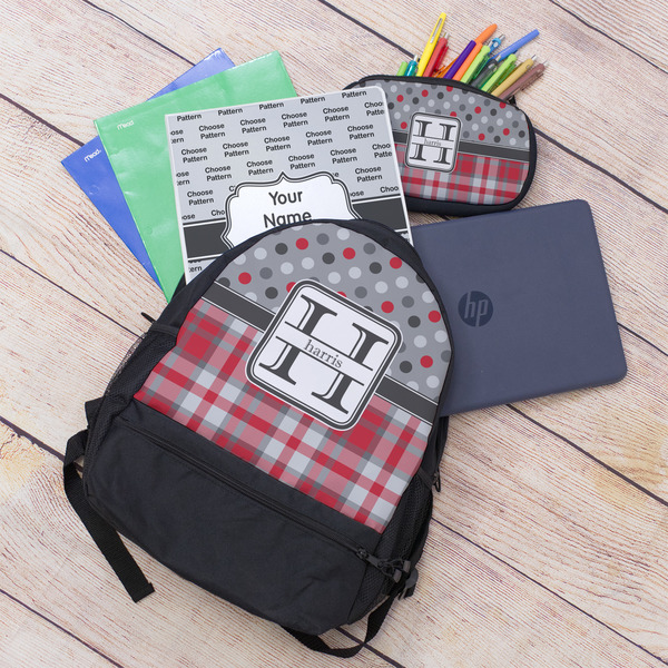 Red & Gray Dots and Plaid Large Backpack - Black - With Stuff