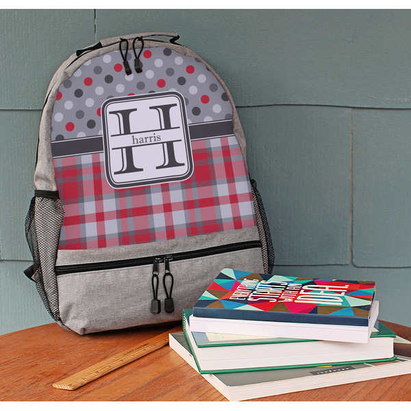 Red & Gray Dots and Plaid Large Backpack - Gray - On Desk