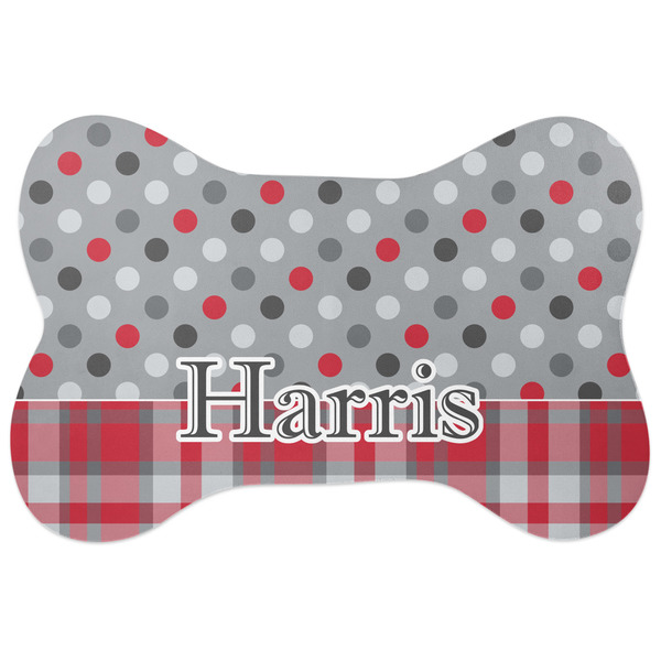 Custom Red & Gray Dots and Plaid Bone Shaped Dog Food Mat (Large) (Personalized)