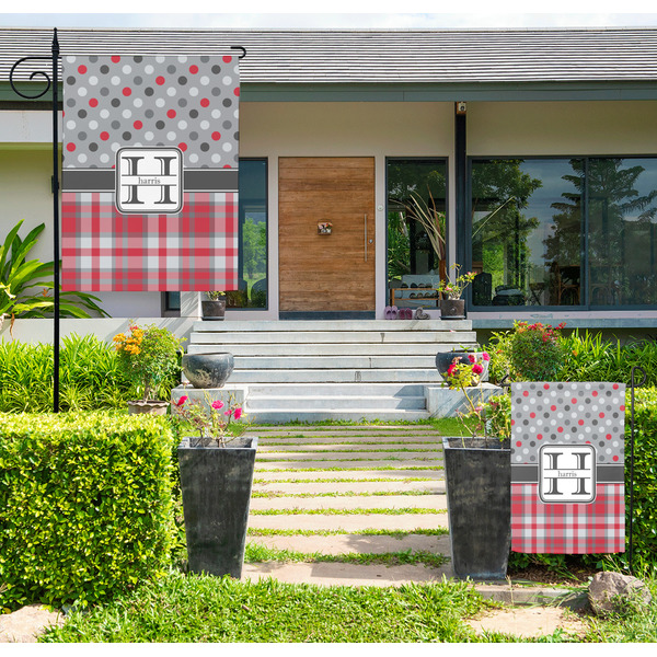 Custom Red & Gray Dots and Plaid Large Garden Flag - Double Sided (Personalized)
