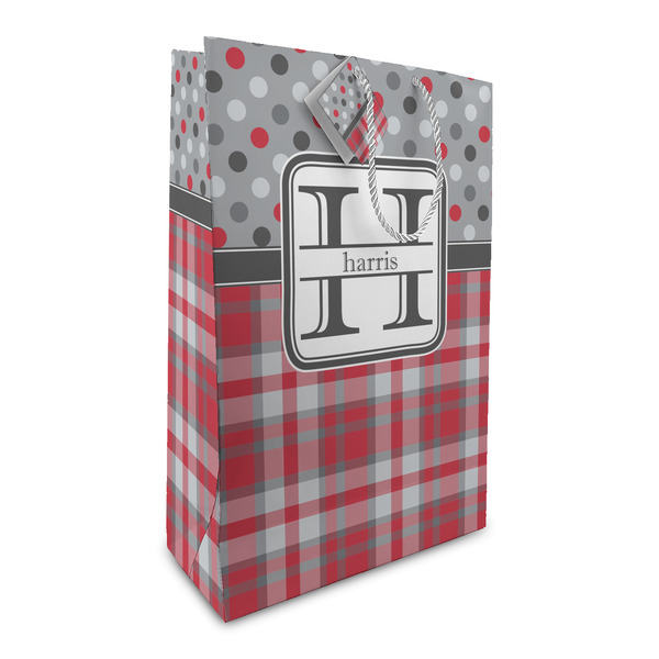 Custom Red & Gray Dots and Plaid Large Gift Bag (Personalized)