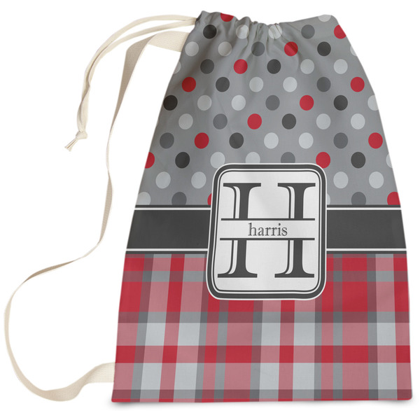 Custom Red & Gray Dots and Plaid Laundry Bag - Large (Personalized)