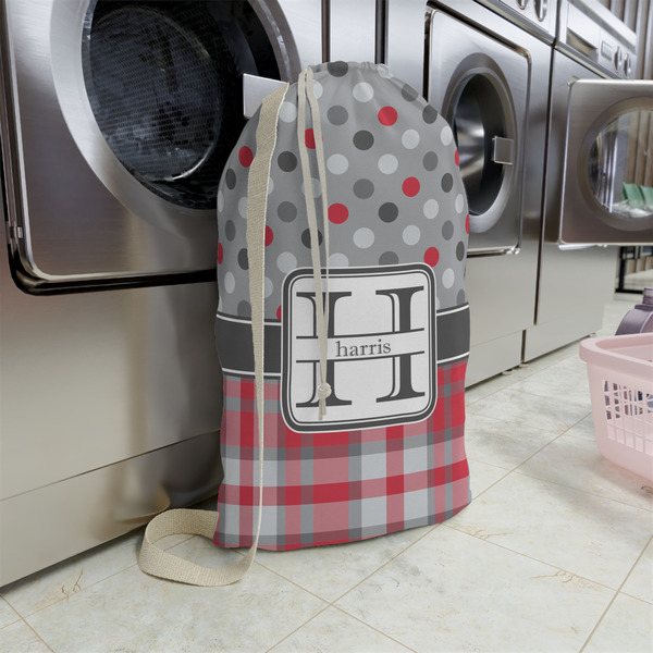 Red & Gray Dots and Plaid Large Laundry Bag - In Context
