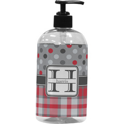 Red & Gray Dots and Plaid Plastic Soap / Lotion Dispenser (16 oz - Large - Black) (Personalized)
