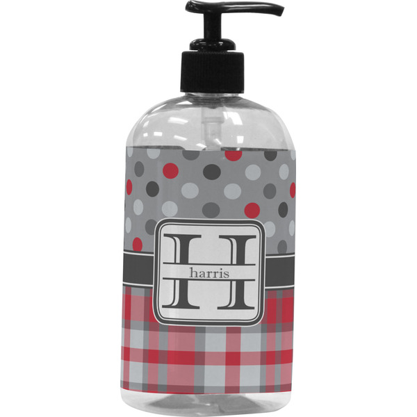 Custom Red & Gray Dots and Plaid Plastic Soap / Lotion Dispenser (16 oz - Large - Black) (Personalized)