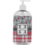 Red & Gray Dots and Plaid Plastic Soap / Lotion Dispenser (16 oz - Large - White) (Personalized)
