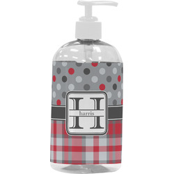 Red & Gray Dots and Plaid Plastic Soap / Lotion Dispenser (16 oz - Large - White) (Personalized)
