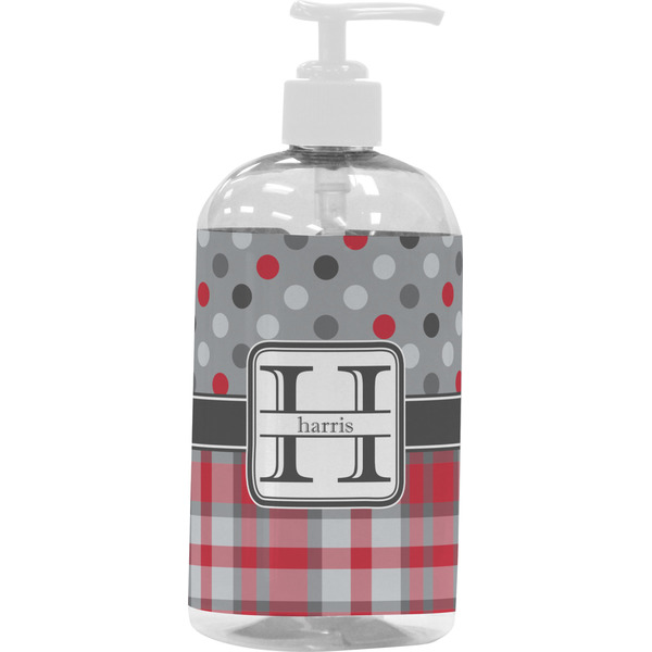 Custom Red & Gray Dots and Plaid Plastic Soap / Lotion Dispenser (16 oz - Large - White) (Personalized)