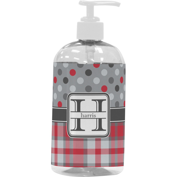 Red & Gray Dots and Plaid Large Liquid Dispenser (16 oz) - White
