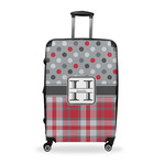 Red & Gray Dots and Plaid Suitcase - 28" Large - Checked w/ Name and Initial