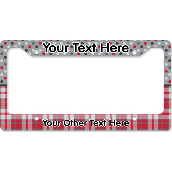 Custom Red & Gray Dots and Plaid License Plate Frame - Style B (Personalized)