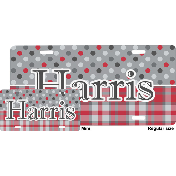 Red & Gray Dots and Plaid License Plate (Sizes)