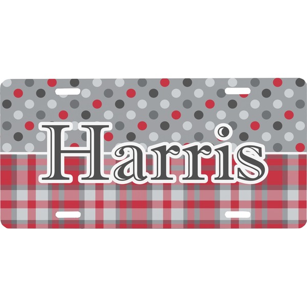 Custom Red & Gray Dots and Plaid Front License Plate (Personalized)