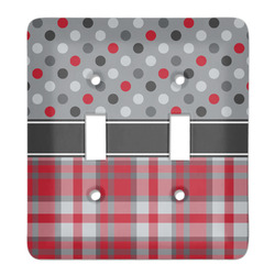 Red & Gray Dots and Plaid Light Switch Cover (2 Toggle Plate)