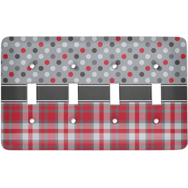 Custom Red & Gray Dots and Plaid Light Switch Cover (4 Toggle Plate)