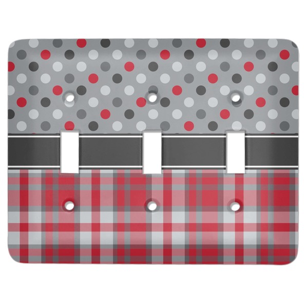 Custom Red & Gray Dots and Plaid Light Switch Cover (3 Toggle Plate)