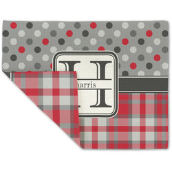 Red & Gray Dots and Plaid Double-Sided Linen Placemat - Single w/ Name and Initial