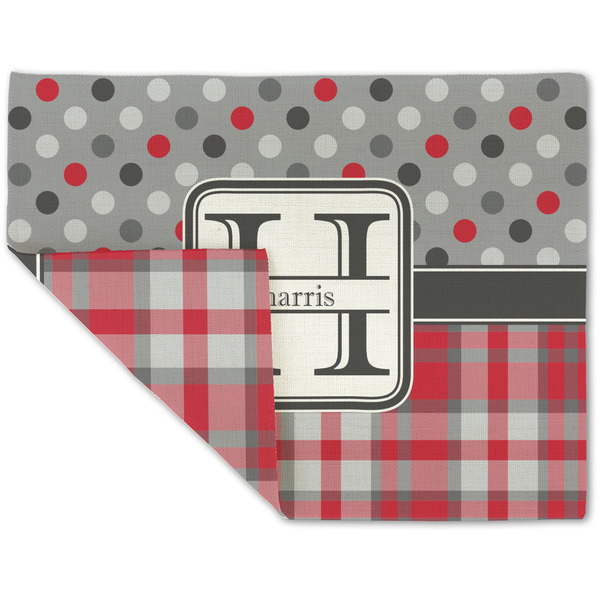 Custom Red & Gray Dots and Plaid Double-Sided Linen Placemat - Single w/ Name and Initial