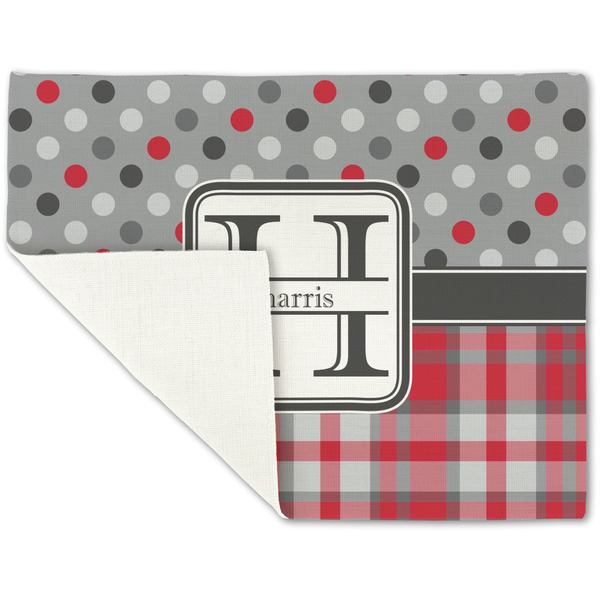 Red & Gray Dots and Plaid Linen Placemat - Folded Corner (single side)