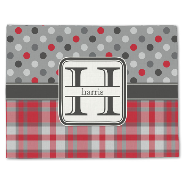 Custom Red & Gray Dots and Plaid Single-Sided Linen Placemat - Single w/ Name and Initial
