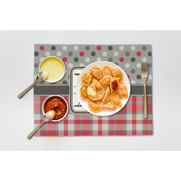 Red & Gray Dots and Plaid Linen Placemat - Lifestyle (single)