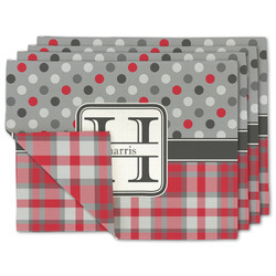 Red & Gray Dots and Plaid Linen Placemat w/ Name and Initial