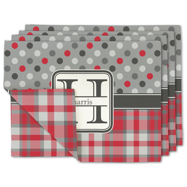 Custom Red & Gray Dots and Plaid Double-Sided Linen Placemat - Set of 4 w/ Name and Initial