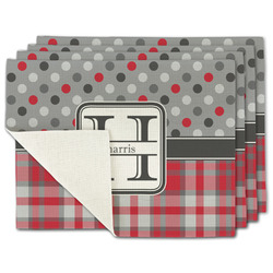 Red & Gray Dots and Plaid Single-Sided Linen Placemat - Set of 4 w/ Name and Initial