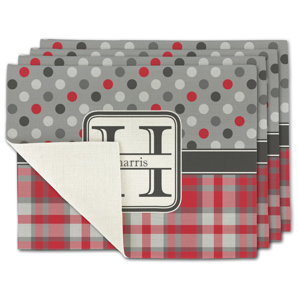 Custom Red & Gray Dots and Plaid Single-Sided Linen Placemat - Set of 4 w/ Name and Initial
