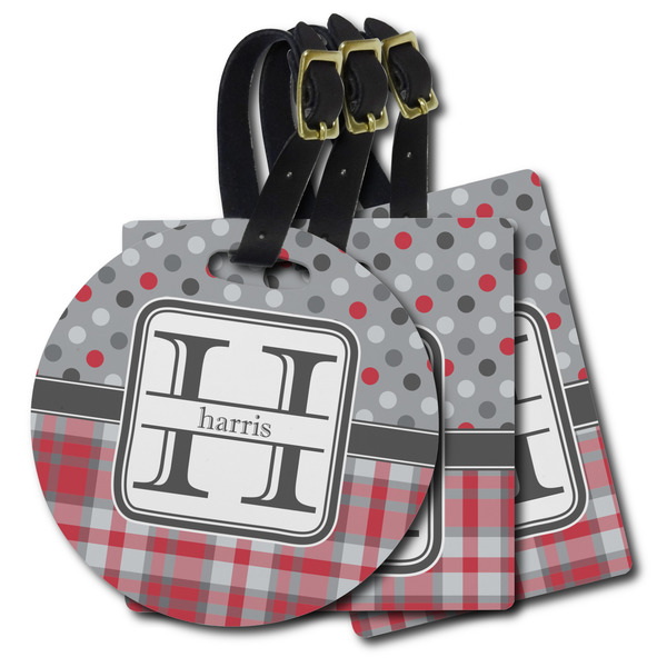 Custom Red & Gray Dots and Plaid Plastic Luggage Tag (Personalized)