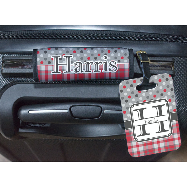 Red & Gray Dots and Plaid Luggage Wrap & Tag