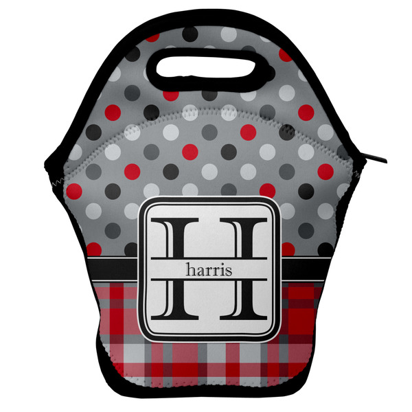 Custom Red & Gray Dots and Plaid Lunch Bag w/ Name and Initial