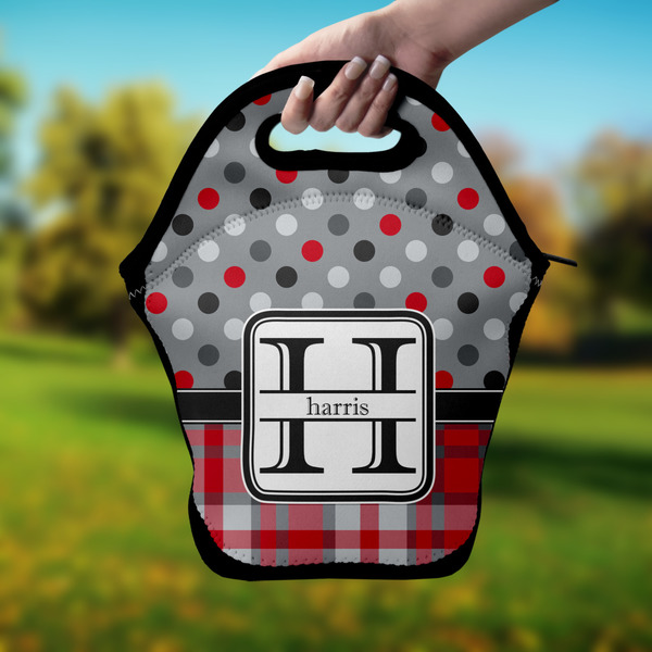 Red & Gray Dots and Plaid Lunch Bag - Hand