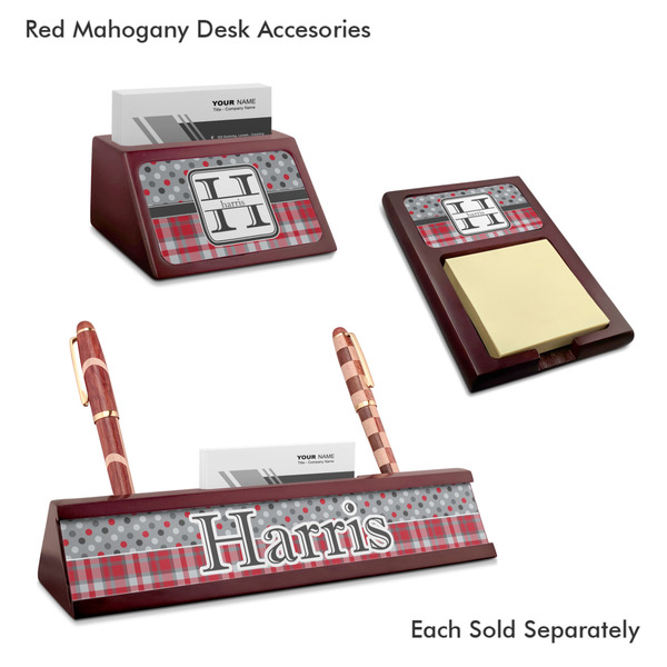 Red & Gray Dots and Plaid Mahogany Desk Accessories