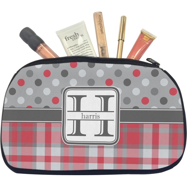 Custom Red & Gray Dots and Plaid Makeup / Cosmetic Bag - Medium (Personalized)