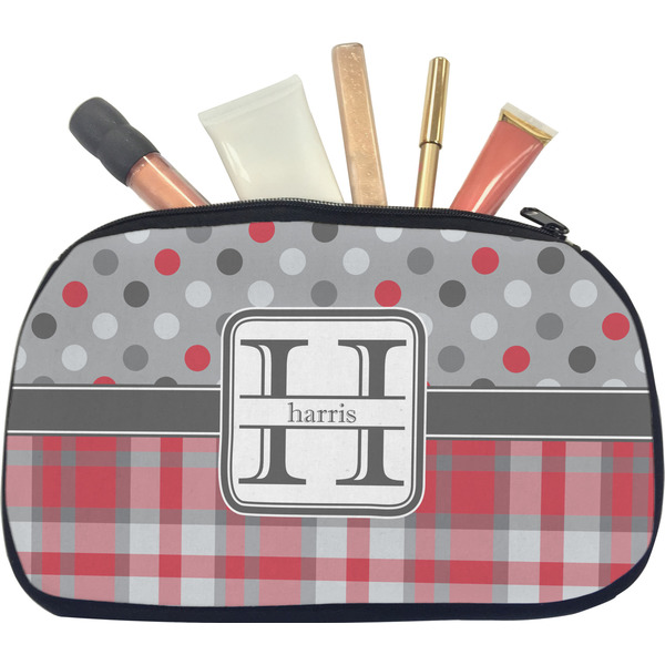 Custom Red & Gray Dots and Plaid Makeup / Cosmetic Bag - Medium (Personalized)
