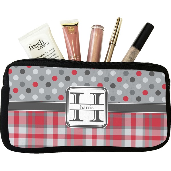 Custom Red & Gray Dots and Plaid Makeup / Cosmetic Bag - Small (Personalized)