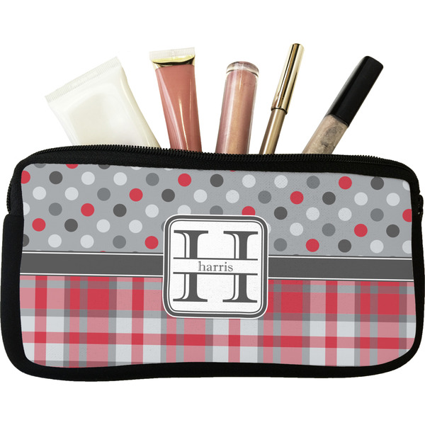 Custom Red & Gray Dots and Plaid Makeup / Cosmetic Bag - Small (Personalized)