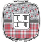 Red & Gray Dots and Plaid Compact Makeup Mirror (Personalized)