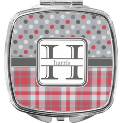 Red & Gray Dots and Plaid Compact Makeup Mirror (Personalized)