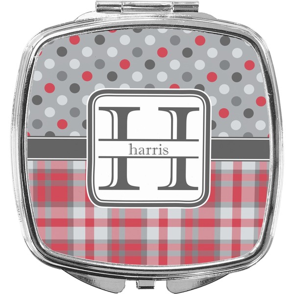Custom Red & Gray Dots and Plaid Compact Makeup Mirror (Personalized)