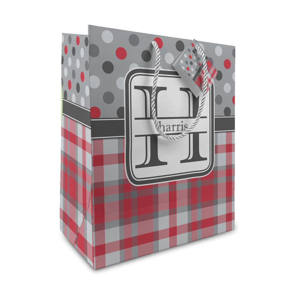 Custom Red & Gray Dots and Plaid Medium Gift Bag (Personalized)