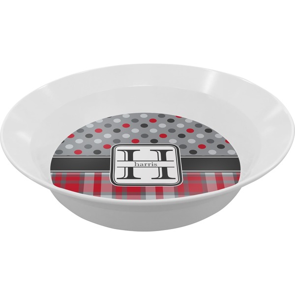 Custom Red & Gray Dots and Plaid Melamine Bowl - 12 oz (Personalized)