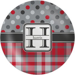 Red & Gray Dots and Plaid Melamine Salad Plate - 8" (Personalized)