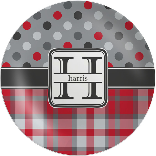 Custom Red & Gray Dots and Plaid Melamine Plate (Personalized)