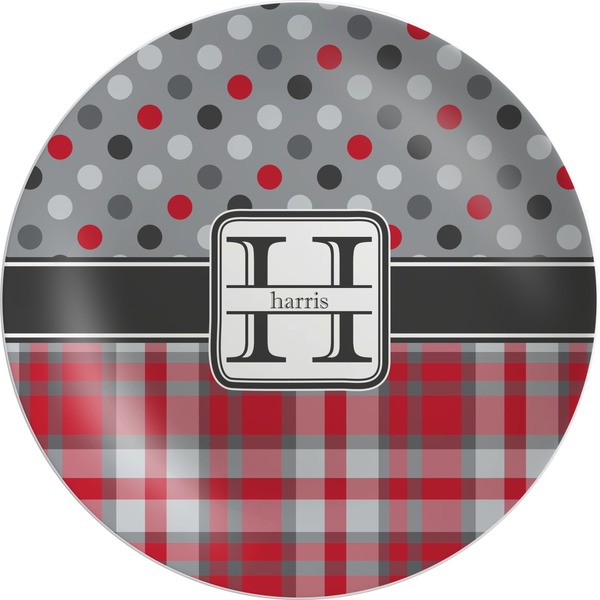Custom Red & Gray Dots and Plaid Melamine Plate (Personalized)