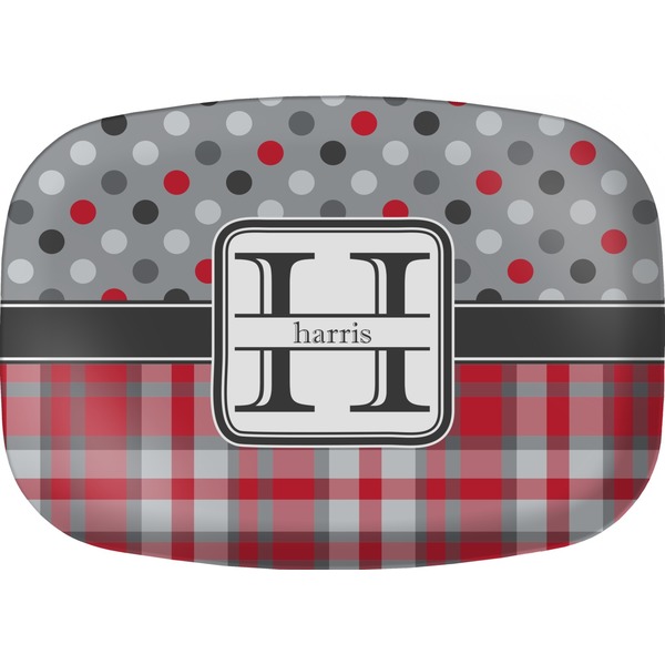 Custom Red & Gray Dots and Plaid Melamine Platter (Personalized)