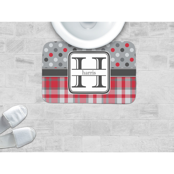 Red & Gray Dots and Plaid Memory Foam Bath Mat - LIFESTYLE