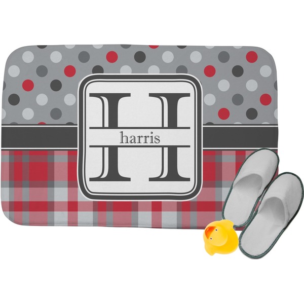 Custom Red & Gray Dots and Plaid Memory Foam Bath Mat - 24"x17" (Personalized)