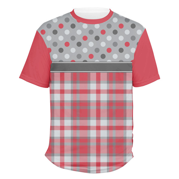 Custom Red & Gray Dots and Plaid Men's Crew T-Shirt - Large